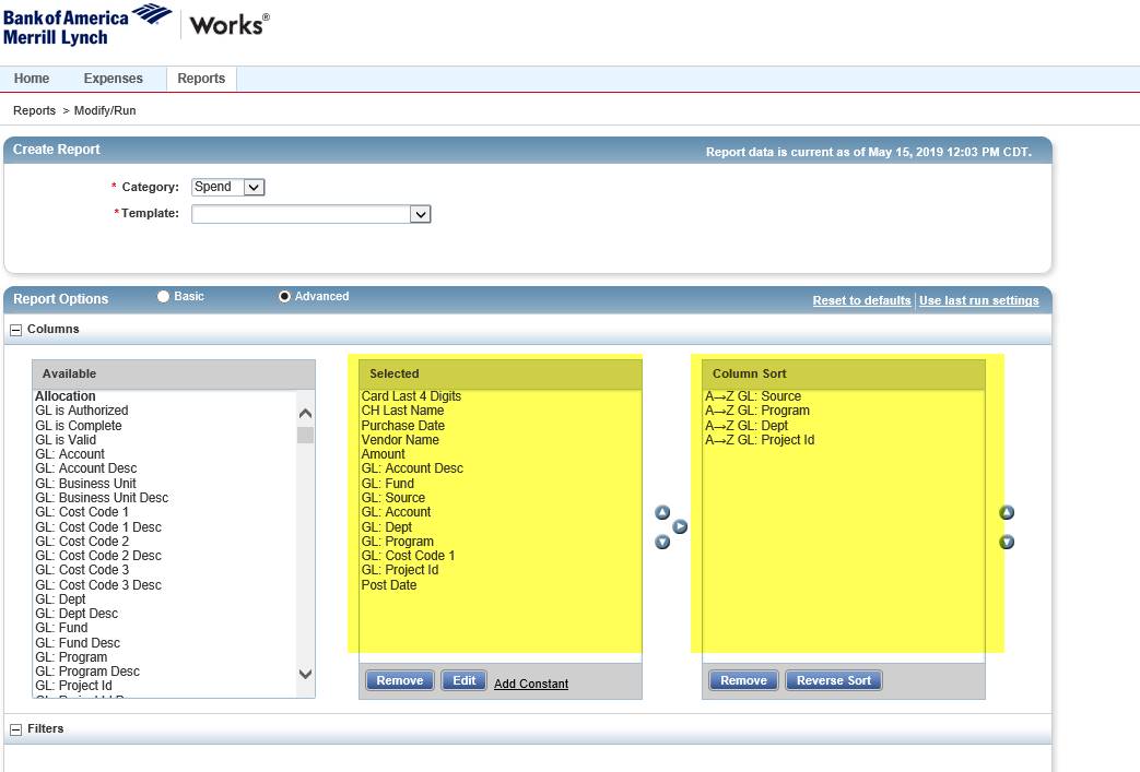 The report configuration for Works
